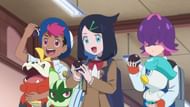 Roy, Liko, and Dot arriving at Naranja Academy with their Pokemon (Image via The Pokemon Company)